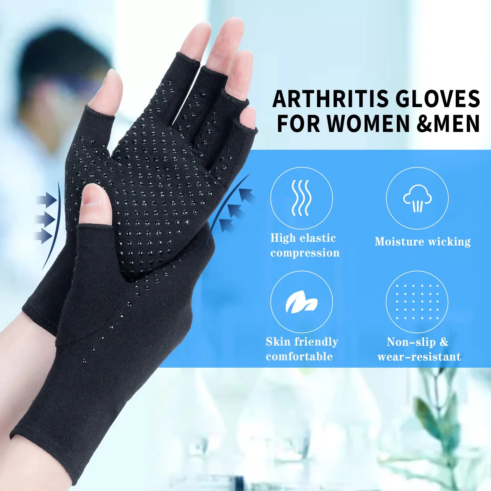 2 Pairs Arthritis Compression Gloves, Relieve Arthritis, Rheumatoid, Osteoarthritis, Carpal Tunnel Pain, Compression Gloves for Arthritis for Women & Men, Anti-Slip Glue dot Gloves for Work (Black,L) Large Black