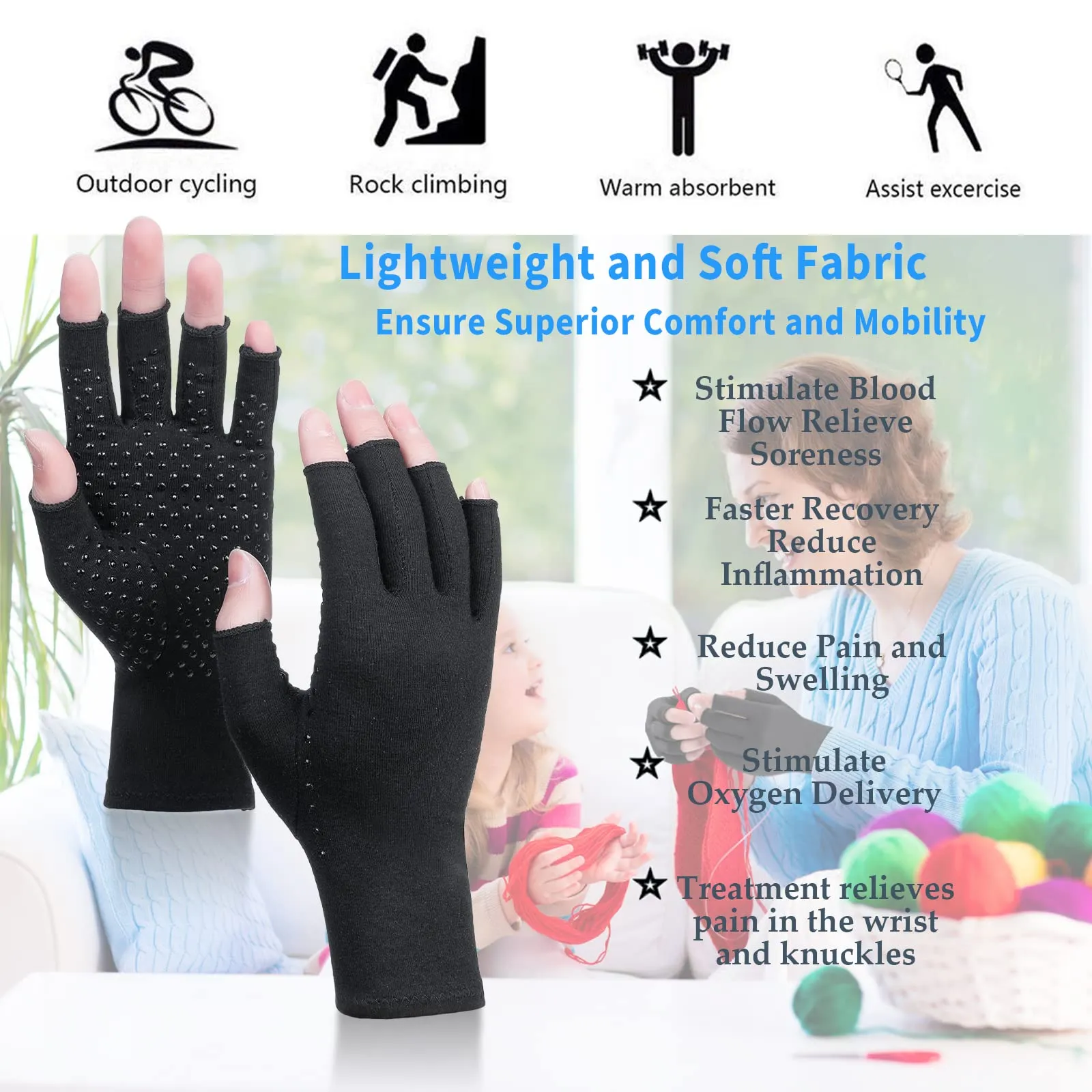2 Pairs Arthritis Compression Gloves, Relieve Arthritis, Rheumatoid, Osteoarthritis, Carpal Tunnel Pain, Compression Gloves for Arthritis for Women & Men, Anti-Slip Glue dot Gloves for Work (Black,L) Large Black