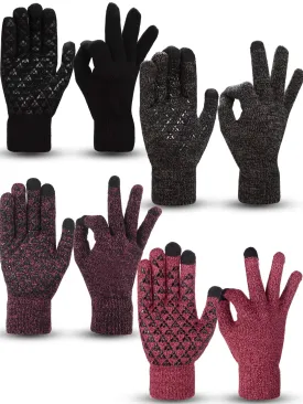 4 Pairs Winter Knit Touchscreen Gloves Warm Texting Gloves Elastic Anti-slip Gloves for Adults Black, Black Red, Black Grey, Rose Red Medium