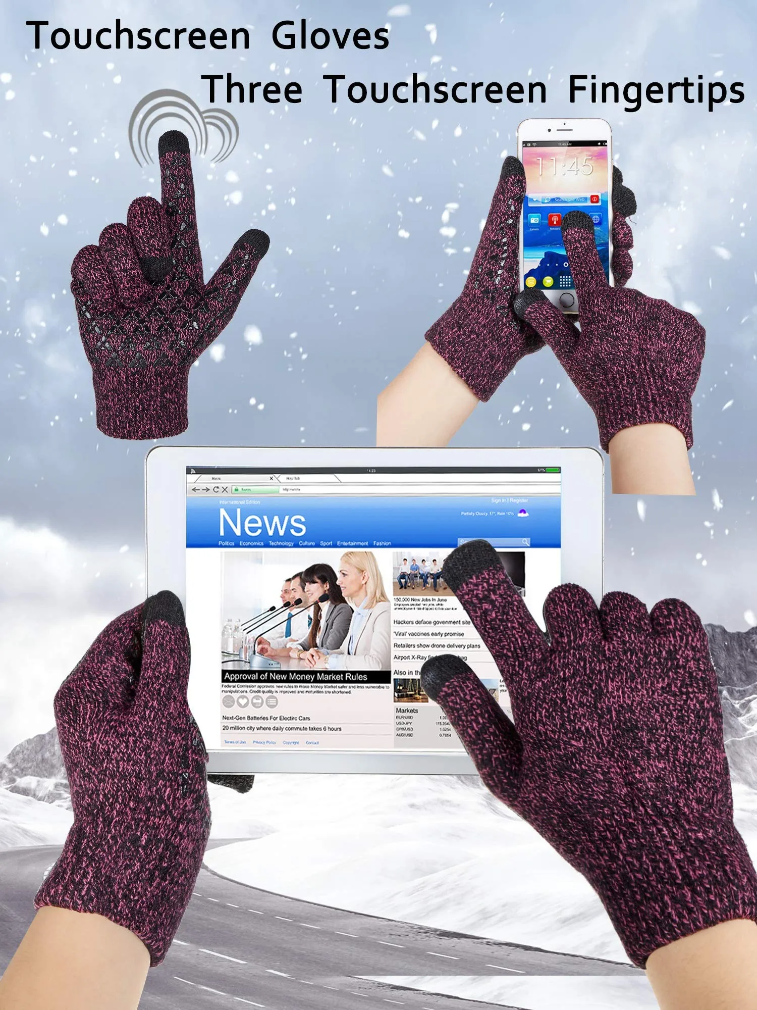 4 Pairs Winter Knit Touchscreen Gloves Warm Texting Gloves Elastic Anti-slip Gloves for Adults Black, Black Red, Black Grey, Rose Red Medium