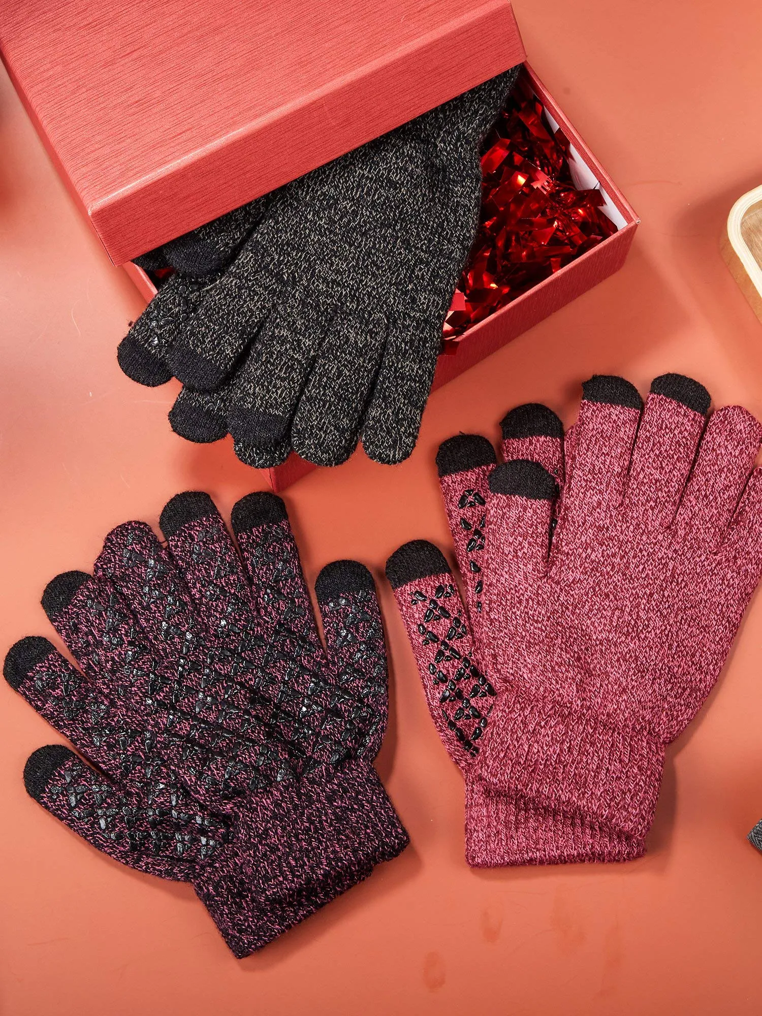 4 Pairs Winter Knit Touchscreen Gloves Warm Texting Gloves Elastic Anti-slip Gloves for Adults Black, Black Red, Black Grey, Rose Red Medium