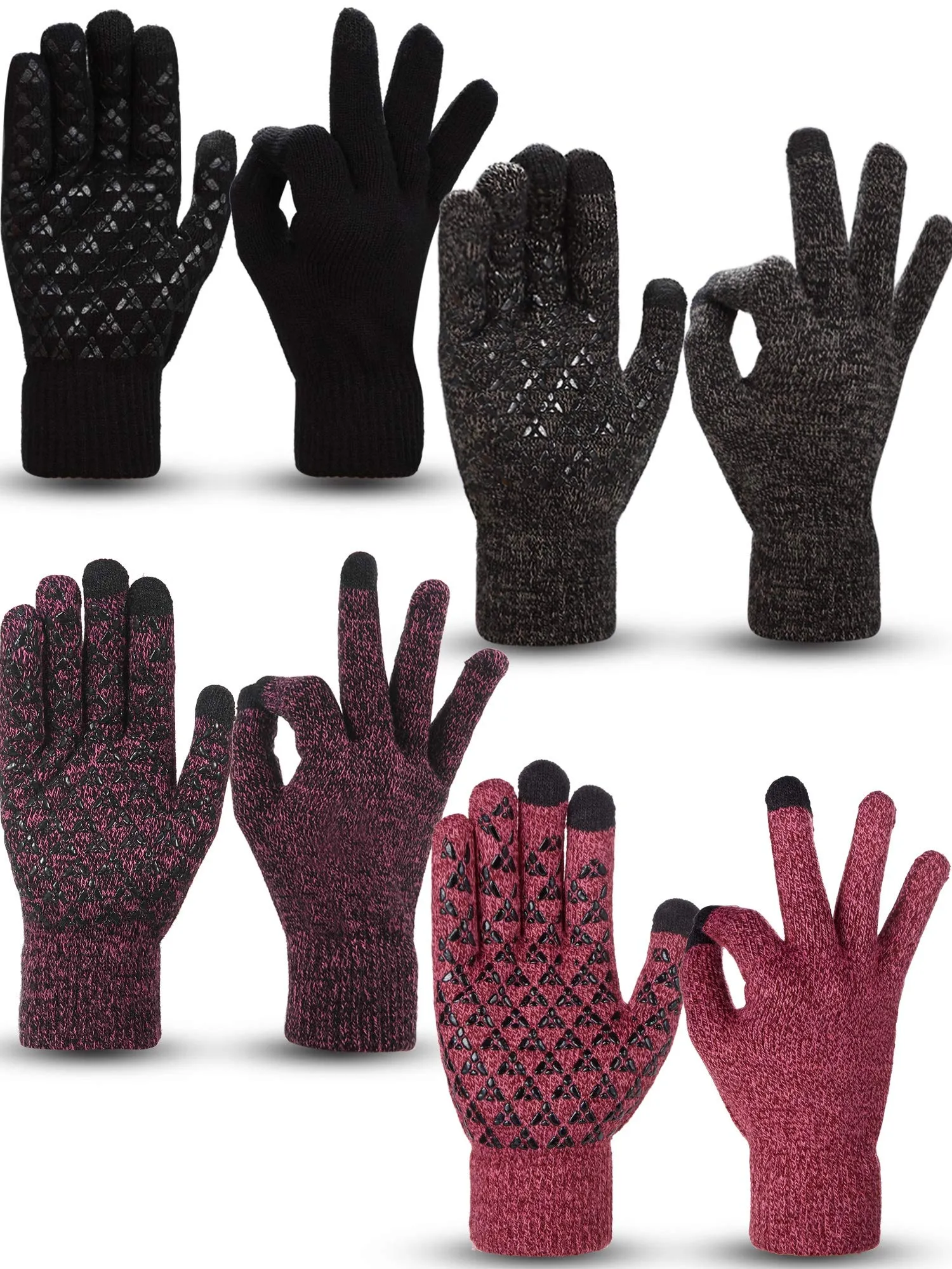4 Pairs Winter Knit Touchscreen Gloves Warm Texting Gloves Elastic Anti-slip Gloves for Adults Black, Black Red, Black Grey, Rose Red Medium