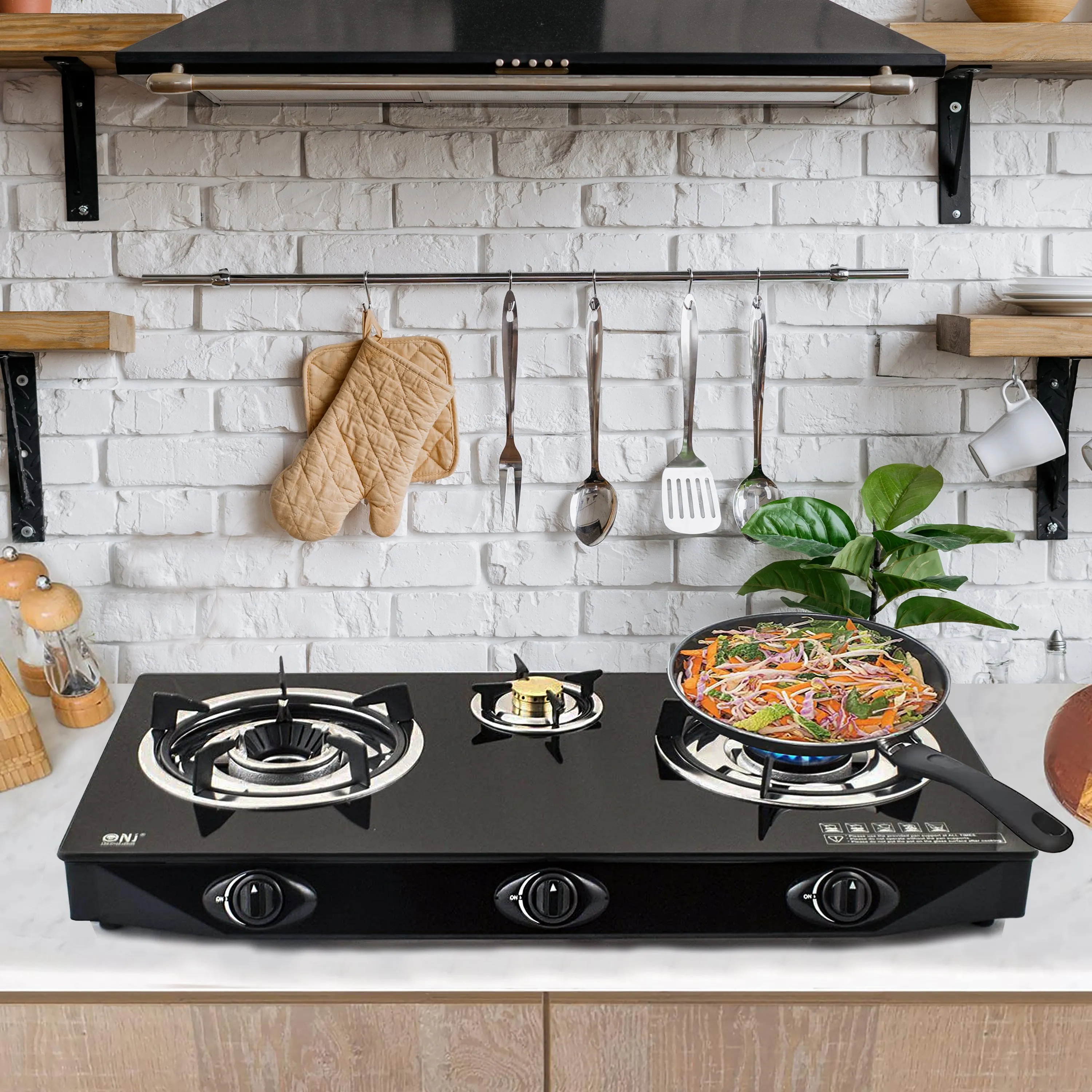 NJ NGB-S3 Black Glass 3 Burners Gas Stove