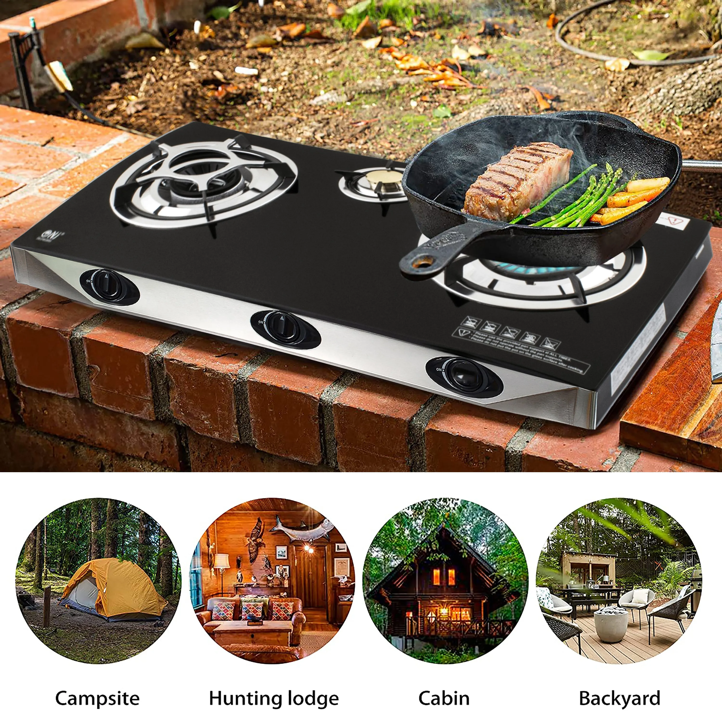 NJ NGB-S3 Black Glass 3 Burners Gas Stove