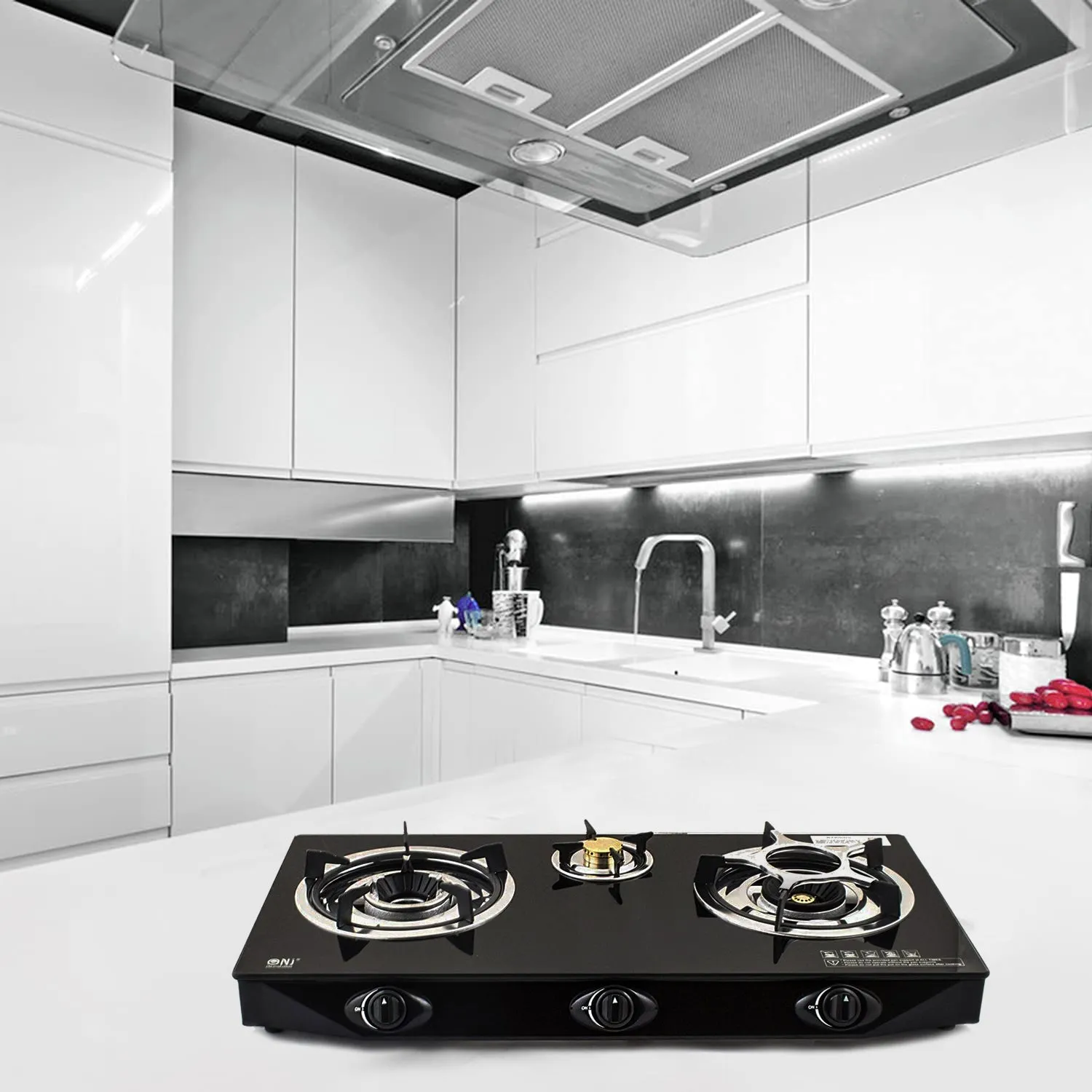 NJ NGB-S3 Black Glass 3 Burners Gas Stove