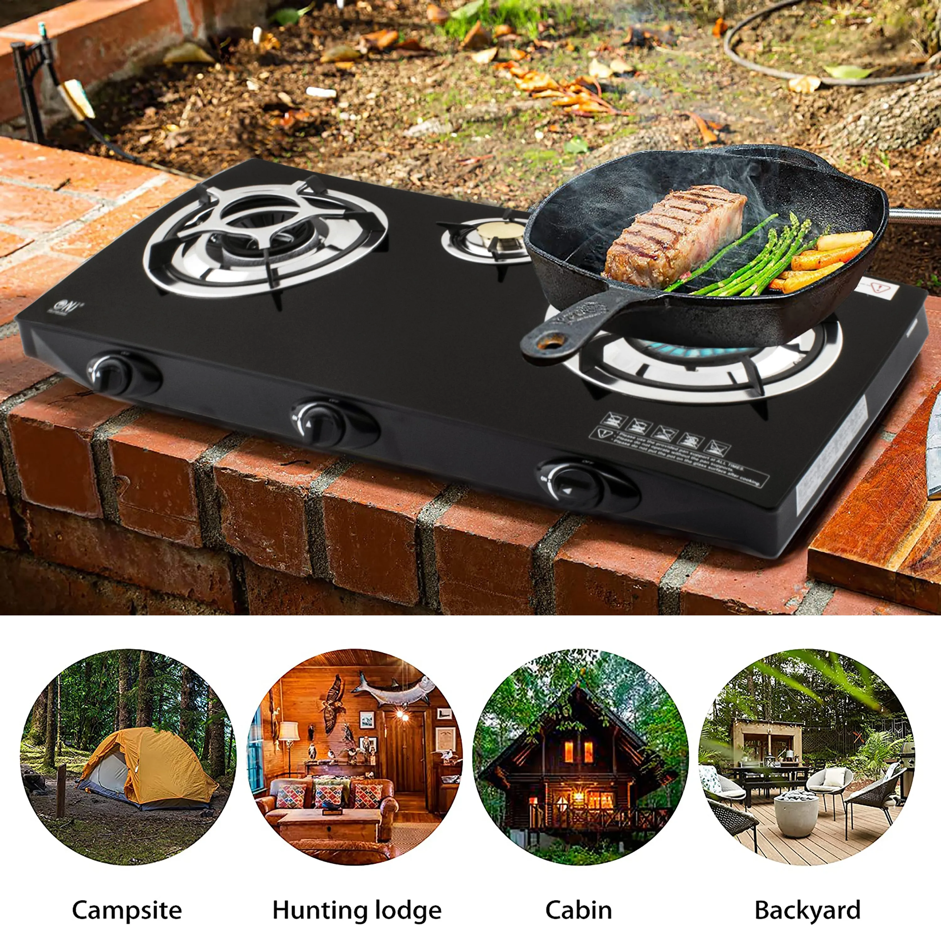 NJ NGB-S3 Black Glass 3 Burners Gas Stove
