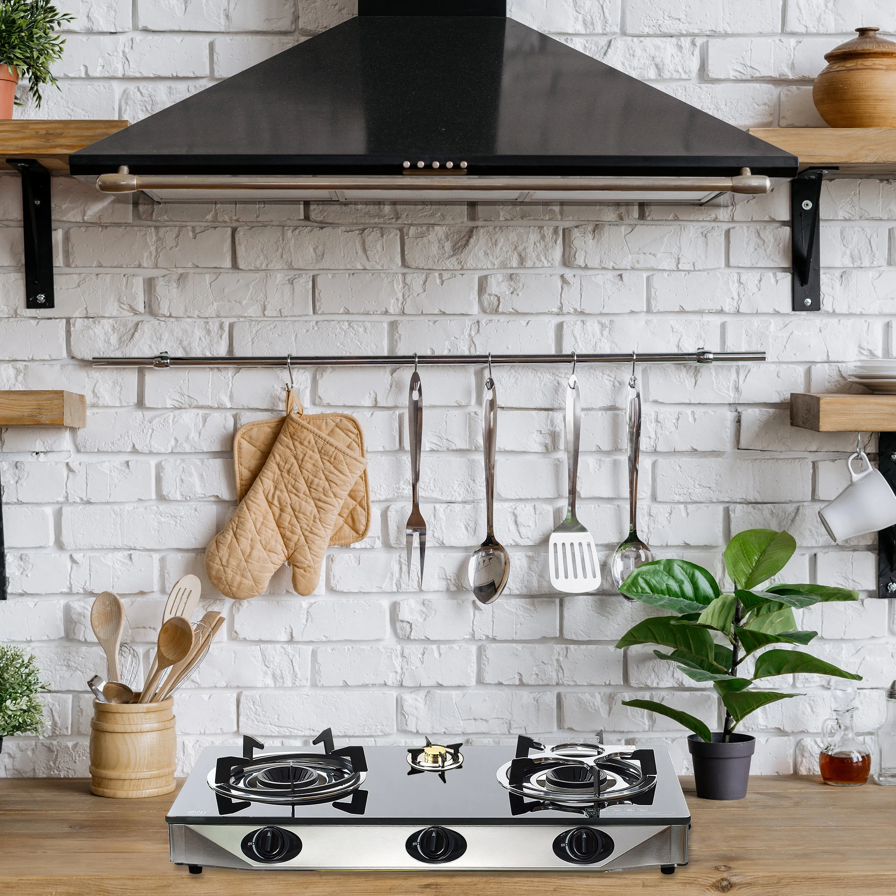 NJ NGB-S3 Black Glass 3 Burners Gas Stove