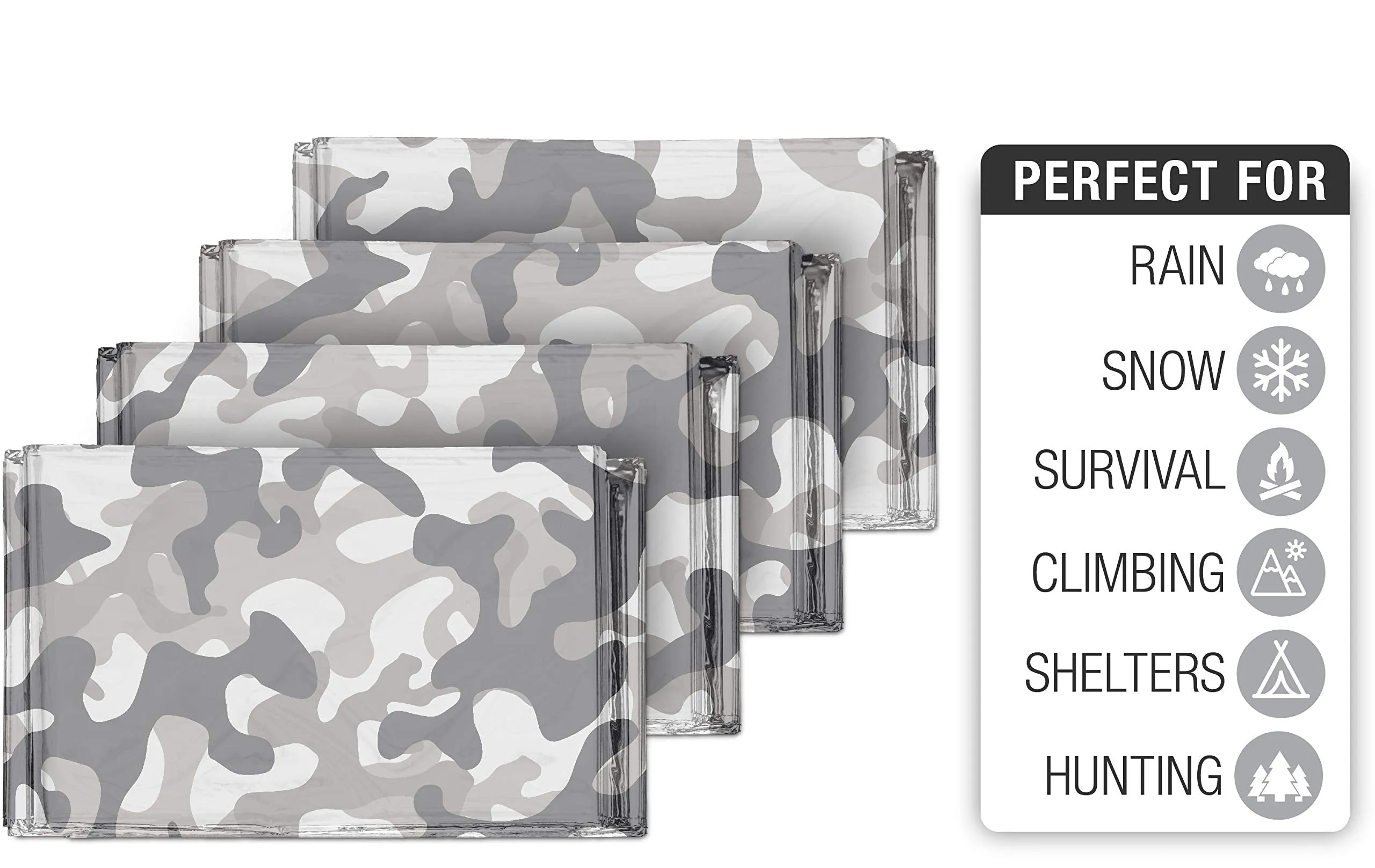 Swiss Safe Emergency Mylar Thermal Blankets (4-Pack)   Bonus Signature Gold Foil Space Blanket: Designed for NASA, Outdoors, Hiking, Survival, Marathons or First Aid (Arctic Camouflage)
