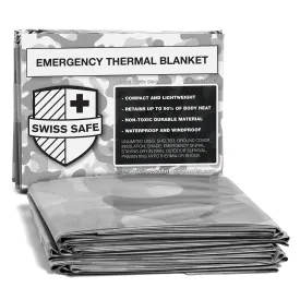Swiss Safe Emergency Mylar Thermal Blankets (4-Pack)   Bonus Signature Gold Foil Space Blanket: Designed for NASA, Outdoors, Hiking, Survival, Marathons or First Aid (Arctic Camouflage)