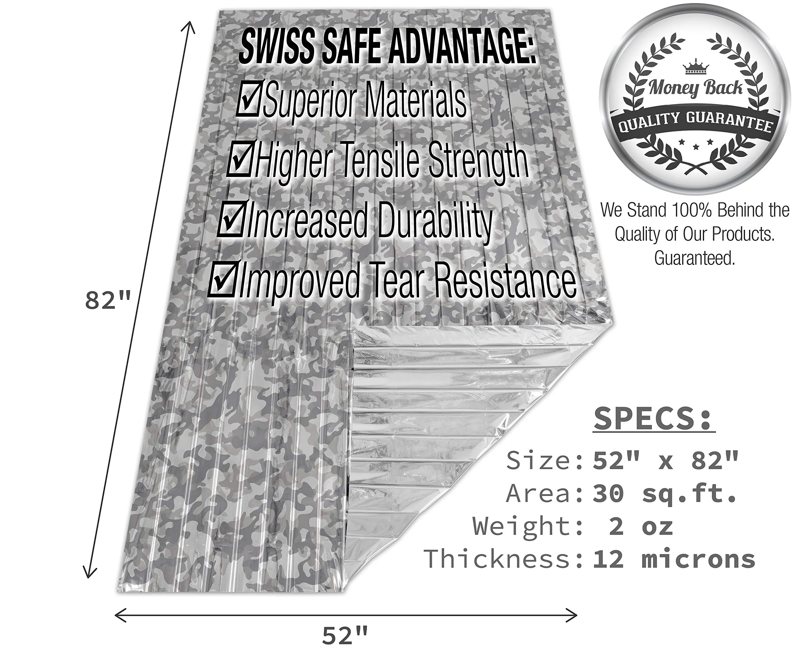 Swiss Safe Emergency Mylar Thermal Blankets (4-Pack)   Bonus Signature Gold Foil Space Blanket: Designed for NASA, Outdoors, Hiking, Survival, Marathons or First Aid (Arctic Camouflage)