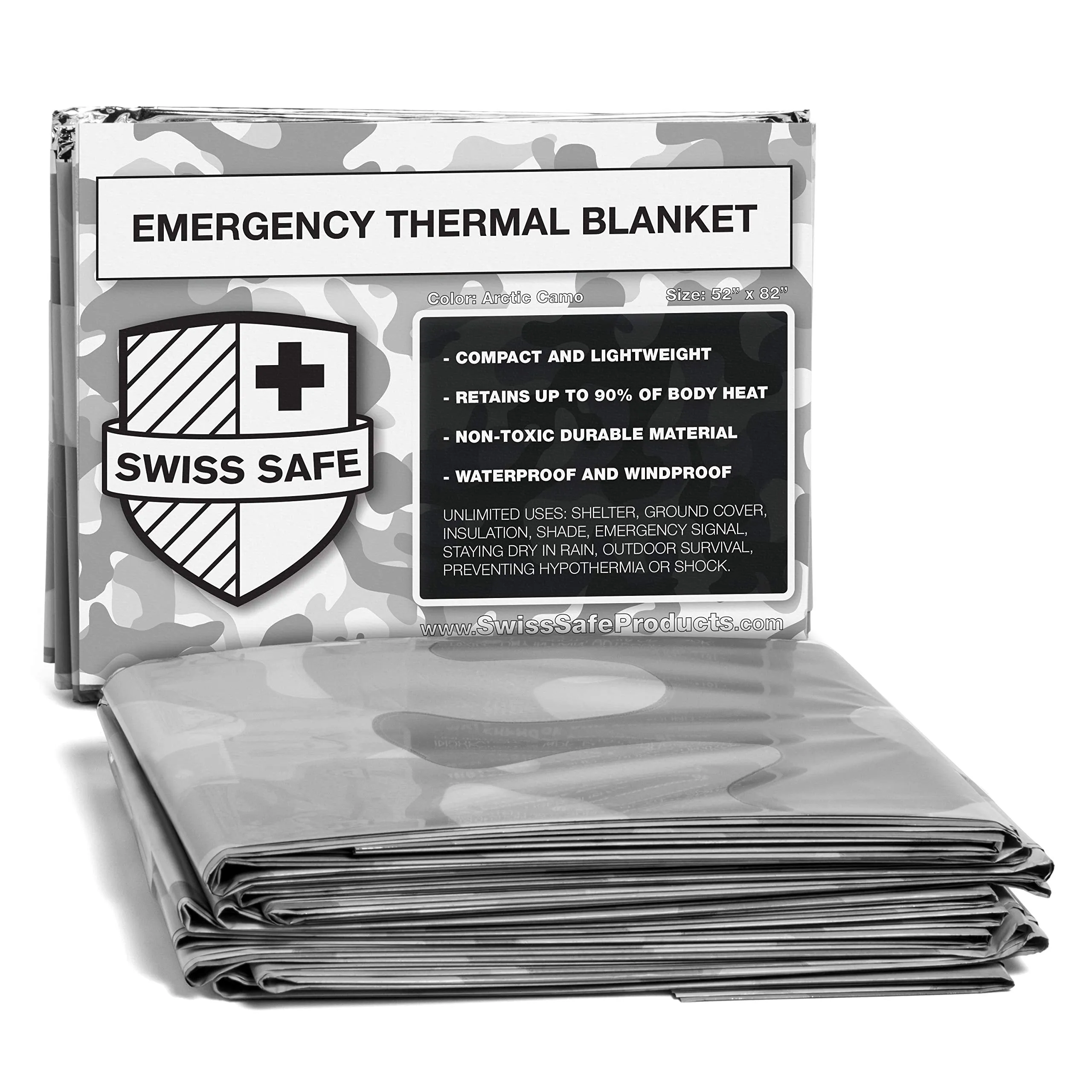 Swiss Safe Emergency Mylar Thermal Blankets (4-Pack)   Bonus Signature Gold Foil Space Blanket: Designed for NASA, Outdoors, Hiking, Survival, Marathons or First Aid (Arctic Camouflage)